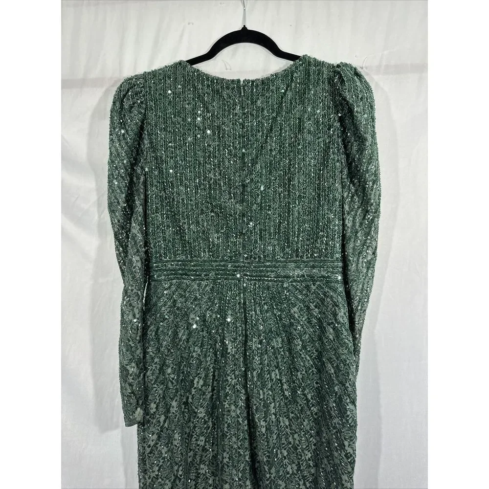NWT $538 Mac Duggal [ 8 ] 93676 Beaded Lace‎ Long Sleeve Midi Dress Deep Green